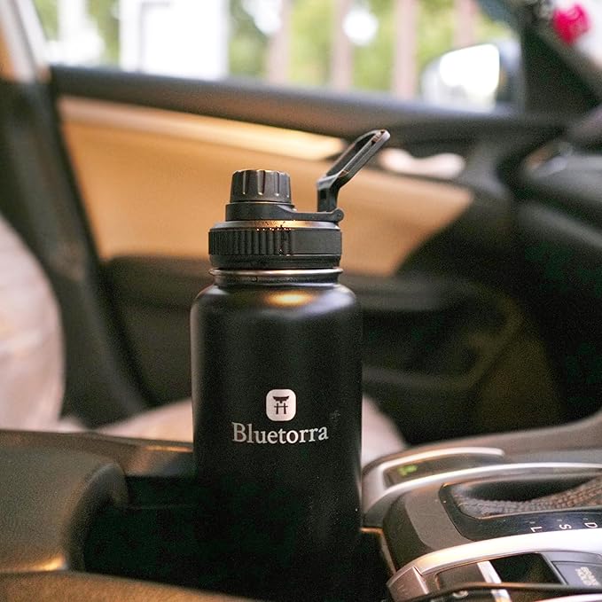 Bluetorra Black Stainless Steel Water Bottle 32 oz Vacuum Insulated, Leakproof Lid Keeps Drinks Cold 24 Hours, Durable - Ideal for Sports, Gym, Outdoor Activities Stay Hydrated water bottle