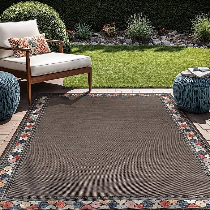 Beverly Rug Outdoor Rug 6x9 Modern Bordered Area Rugs for Indoor and Outdoor Patio Easy to Clean Non Shedding Living Room Porch Garden Washable Outside Carpet (6 x 9 Brown)