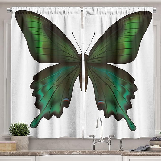 Ambesonne Swallowtail Butterfly Long Kitchen Curtains, Realistic Exotic Wildlife Creature in Green Tones, Two Panels Drapes with Rod Pocket Room Decor, 55" x 45", Olive Green