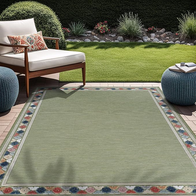 Beverly Rug Outdoor Rug 6x9 Modern Bordered Area Rugs for Indoor and Outdoor Patio Easy to Clean Non Shedding Living Room Porch Garden Washable Outside Carpet (6 x 9 Green)