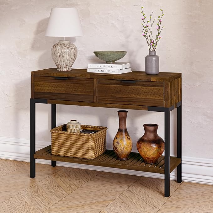 Bme Millie Farmhouse Solid Wood Console Table with 2 Drawers & Storage Shelves, 43" Boho Sofa Table for Entryway, Hallway, Living Room, Rustic Chestnut