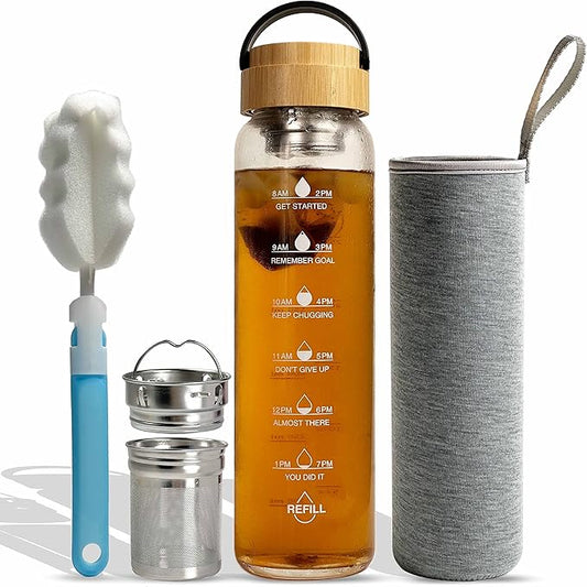 32 oz Motivational Glass Water Bottles with Bamboo Lid Straw and Time Marker - Sports Water Bottle for Drinking