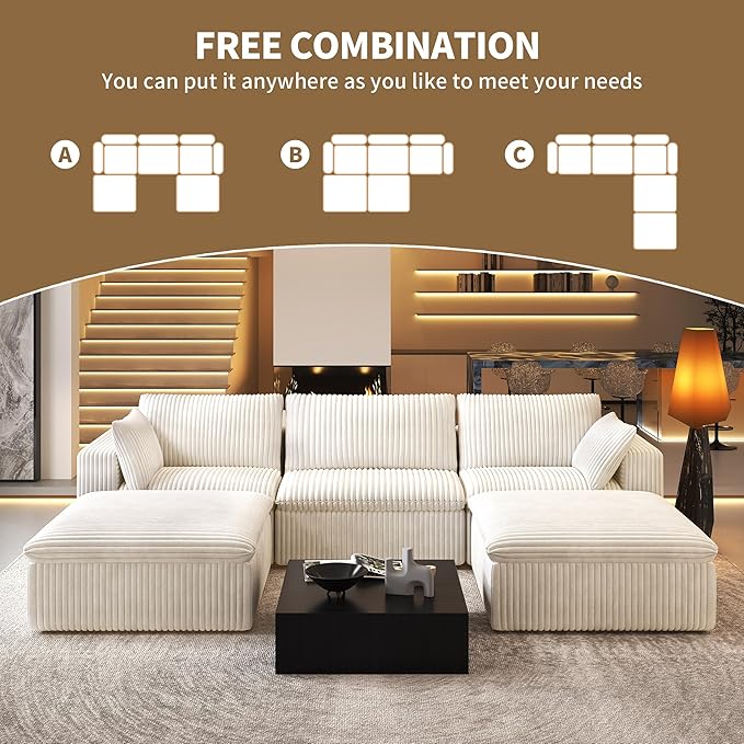 118" U Shaped Modern Sofa Modular Sectional Cloud Couch with 2 Ottoman,Upholstered Couches with Corduroy Fabric for Living Room Furniture,Bedroom and Apartment,No Assembly Required,White