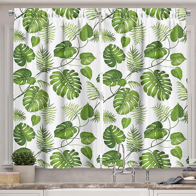 Ambesonne Leaf Long Kitchen Curtains, Brazilian Rainforest Foliage Nature Ivy Swirls Palm Banana Trees Leaves Art Print, Two Panels Drapes with Rod Pocket Room Decor, 55" x 45", Fern Green
