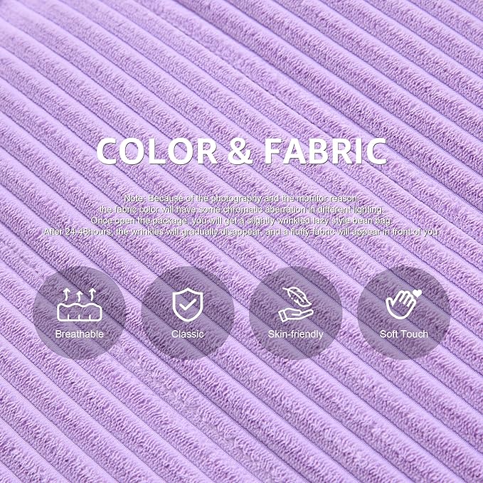 Bean Bag Chairs for Adults Giant Bean Bag Chair Memory Foam BeanBag Chair Big Bean Bag Sofa with Filler Faux Fur Fireside Beanbags Lazy Sofa for Living Room Bedroom Dorm Office (Purple Corduroy)