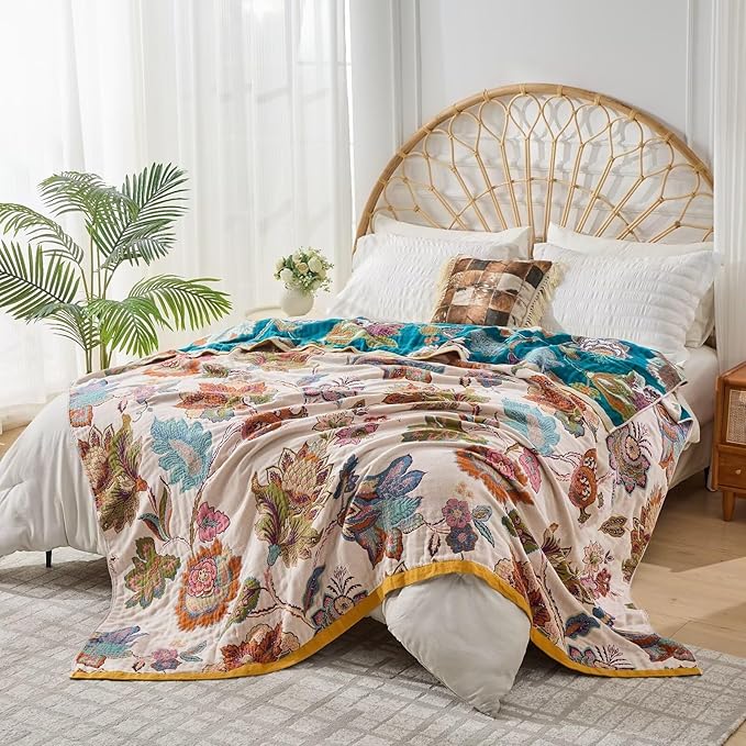 Boho Throw Blanket for Couch,100% Cotton Summer Blanket for Bed, Ultra Soft Rustic Quilt for Bed, Home Decor, Boho Picnic Blankets with Pomegranate for All Seasons 60"x80"