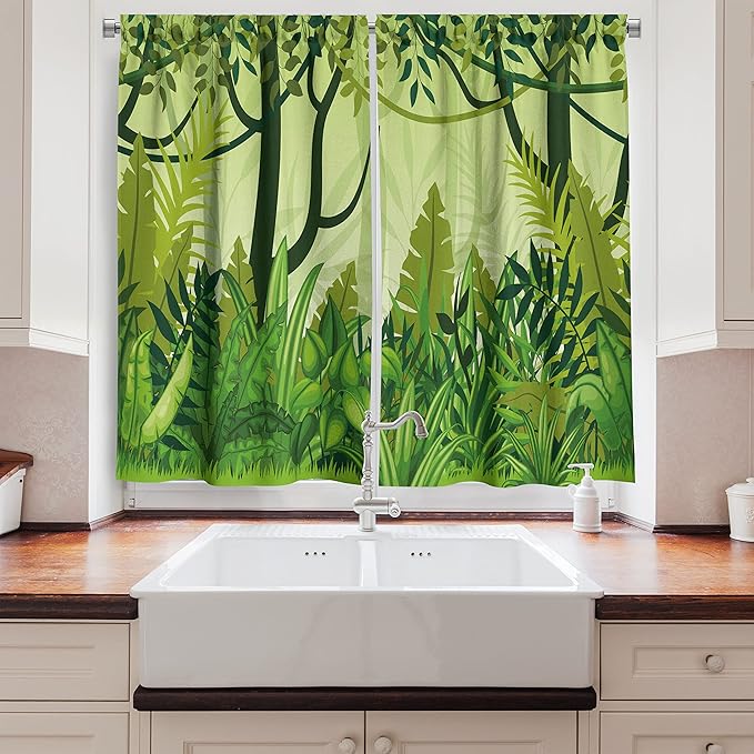 Ambesonne Plant Long Kitchen Curtains, Cartoon Style Jungle Depiction Hand Drawn Digital Rainforest Leaves Bushes Trees, Two Panels Drapes with Rod Pocket Room Decor, 55" x 45", Forest Green