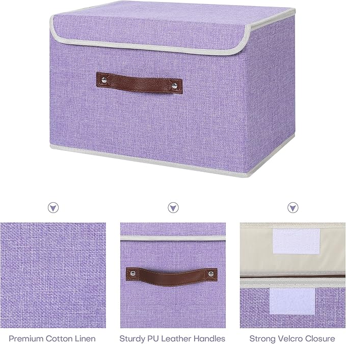 ANMINY 2PCS Storage Bins with Lid PU Leather Handles Storage Boxes PP Plastic Board Decorative Foldable Lidded Cotton Linen Fabric Home Cubes Baskets Closet Organizer Containers - Purple, Large Size
