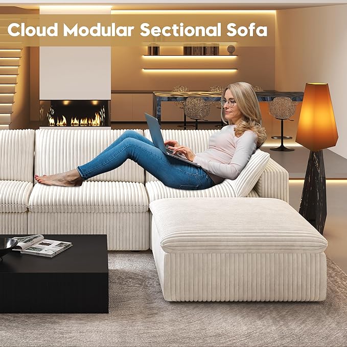 118" L Shaped Modern Sofa Modular Sectional Cloud Couch with Ottoman,Deep Seat Upholstered Couches with Plush Corduroy Fabric for Living Room Furniture,Bedroom and Apartment,No Assembly Required,White
