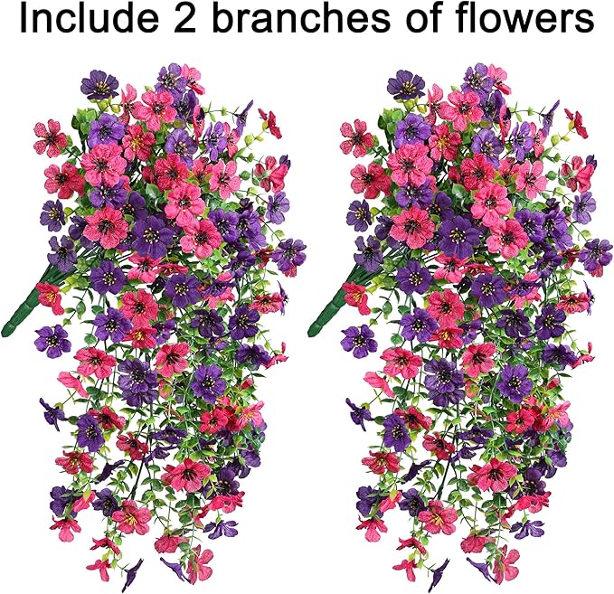 Artificial Faux Hanging Flowers Plants for Spring Outdoor Outside Decoration, 2 PCS Fake Silk Daisy with Eucalyptus UV Resistant Realistic Trailing Vines for Balcony Patio Porch (Darkpurple+Hotpink)