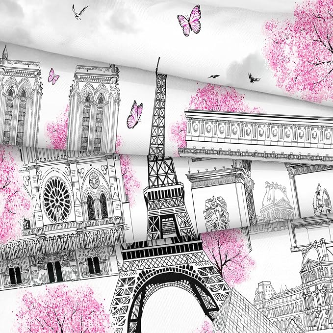 Bedbay Girls Teen Queen Bedding Set Paris Eiffel Tower Comforter Set 4 Pcs Pink Flowers Duvet Set Romantic French Style Quilt Bedding Set Lightweight Down Alternative Comforter(Paris,Queen)