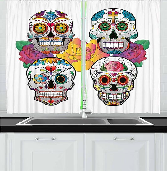 Ambesonne Sugar Skull Kitchen Curtains, Different Types of Skulls Rich and Colorful Ornaments Roses Border Carnival, Window Drapes 2 Panel Set for Kitchen Cafe Decor, 55" x 24", Rainbow