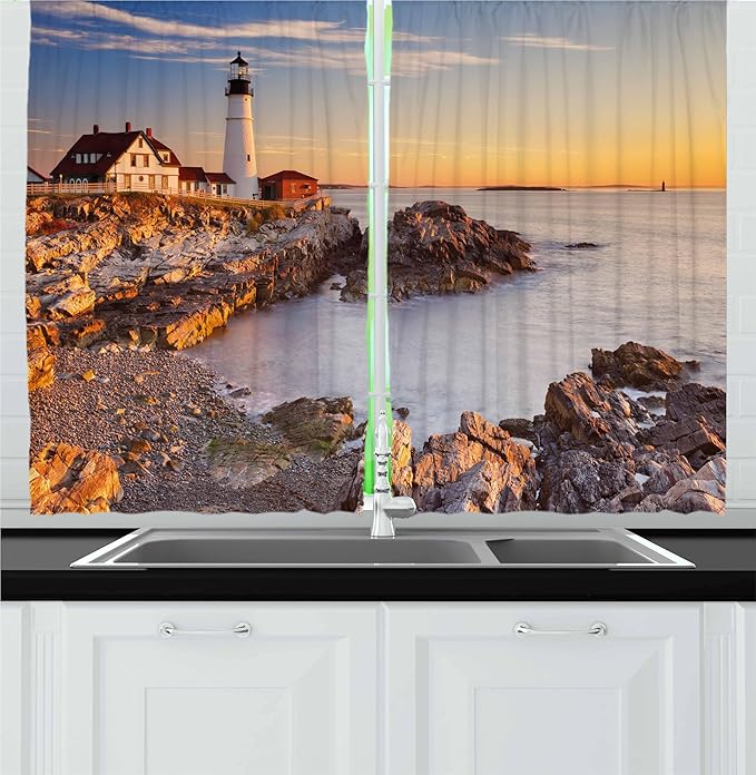 Ambesonne United States Kitchen Curtains, Cape Elizabeth Maine River Portland Lighthouse Sunrise USA Coast Scenery, Window Drapes 2 Panel Set for Kitchen Cafe Decor, 55" x 24", Blue Tan