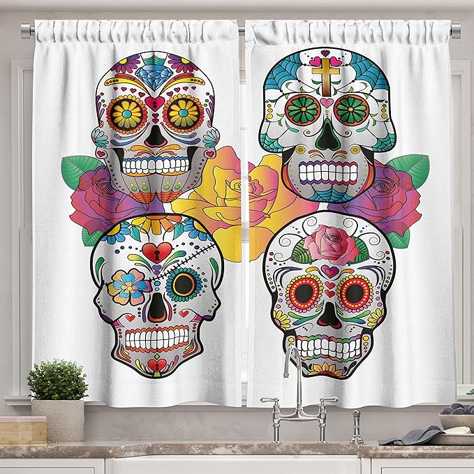 Ambesonne Sugar Skull Long Kitchen Curtains, Different Types of Skulls Rich and Colorful Ornaments Roses Border Carnival, Two Panels Drapes with Rod Pocket Room Decor, 55" x 45", Rainbow