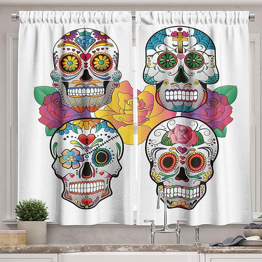 Ambesonne Sugar Skull Long Kitchen Curtains, Different Types of Skulls Rich and Colorful Ornaments Roses Border Carnival, Two Panels Drapes with Rod Pocket Room Decor, 55" x 45", Rainbow