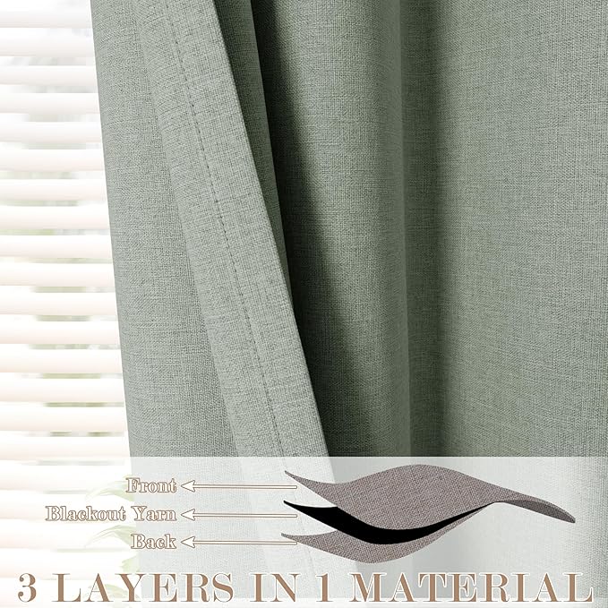 100% Blackout Linen Textured Drapes for Bedroom Pinch Pleated Curtains for Track System Portable Drapery for Sliding Glass Door/Storage/Space Room Divider, 70" Wx96 L, 1 PC, Fog Green