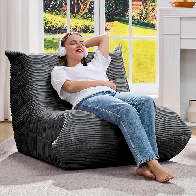 Bean Bag Chairs for Adults Giant Bean Bag Chair Memory Foam BeanBag Chair Big Bean Bag Sofa with Filler Faux Fur Fireside Beanbags Lazy Sofa for Living Room Bedroom Dorm Office (Grey Corduroy)