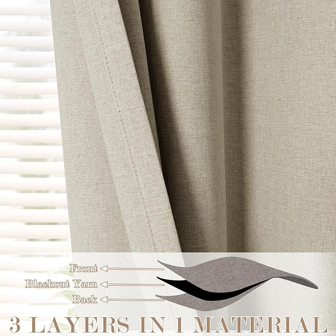 Beige Pinch Pleat 100% Blackout Drapes Linen Blend, Room Divider, Room Darkening, Energy Saving, Furniture Protecting, Light Blocking Extra Wide Privacy Curtains, 200Wx108L, 1 PC