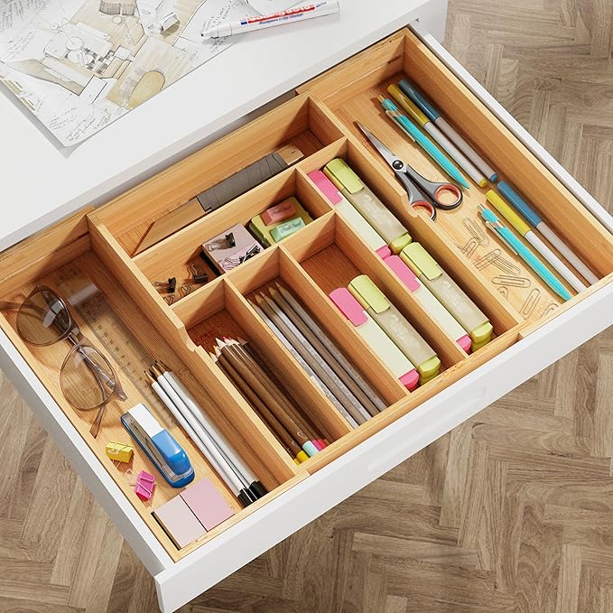 BAMEOS 3" Deepth Expandable Drawer Organizer, Deep Flatware Organizer, Adjustable Silverware Organizer, Bamboo Drawer Organizer for Kitchen, Bathroom (Natural)