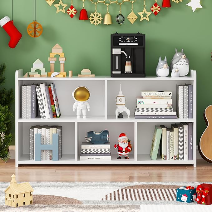 Book Shelf Set of 2, 5 Cubes Storage Organizer, Open Shelf Wooden Bookcase, Freestanding White Bookshelf Cube Shelf for Bedroom, Living Room, Home Office