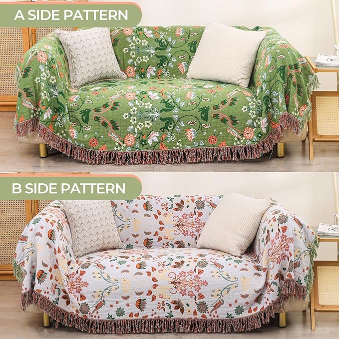 Boho Ultra Soft Throw Blanket 60''x80',100% Cotton Blankets for Couch Bed,Squirrel Farmhouse Home Decor Bed Blankets, All Season Rustic Reversible Bohemian Lightweight Throw for Bed -Light Green ﻿