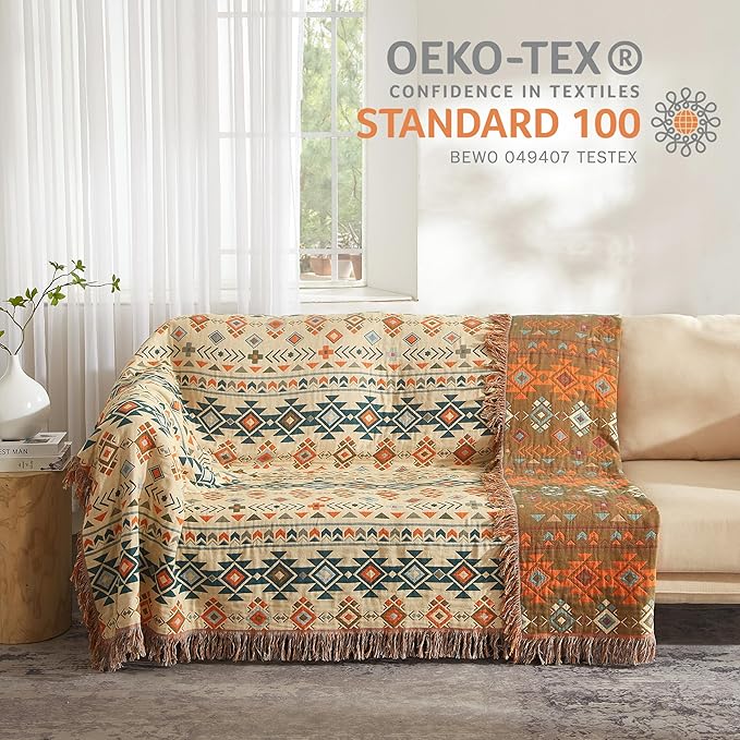 Boho Throw Blanket for Bed 90”x98”, 100% Cotton Woven Blanket for Couch Sofa, Ultra Soft 4-Layer Muslin Quilt with Diamond Pattern, Farmhouse Bed Blanket/Cover for Living Room Decor