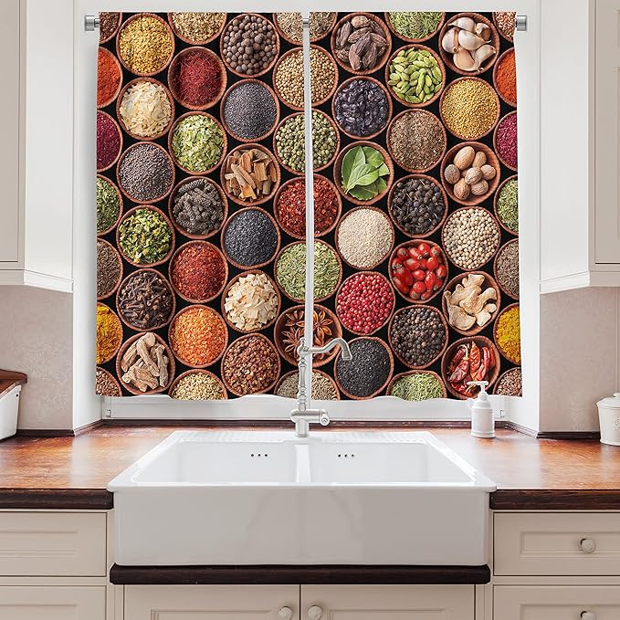 Ambesonne Retro Kitchen Curtains, Colorful Herbs and Spices Cardamom Pepper Chili Ginger Dill Natural Cuisine Print, Window Drapes 2 Panel Set for Kitchen Cafe Decor, 55" x 39", Brown Yellow