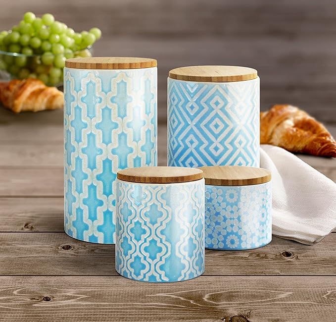 American Atelier Arabesque Canister Set, Ceramic, Blue, 4 Piece