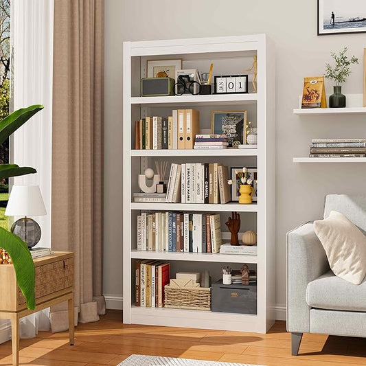 61" H Metal Bookshelf, 5 Tier Adjustable Bookshelf, White Small Bookcase, Bedroom Bookshelves and Bookcases, Modern Book Shelf for Living Room, Office, Easy Tool-Free Assembly