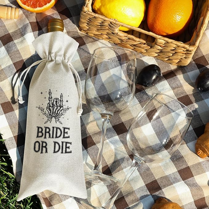 Bride or Die Wine - Wine Canvas Bag, Bachelorette Party Gift for Bride Bridesmaids Gifts Wine Bags for Wine Bottles, Skull Wine Gifts With Drawstring Engagement Bridal Shower Party Decoration -WB15