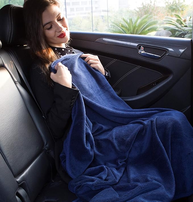 BlueHills Premium Soft Travel Blanket Pillow Airplane Blanket Packed in Soft Bag Pillowcase with Hand Luggage Belt and Backpack Clip, Compact Pack Large Blanket for Any Travel (Navy Blue T002)