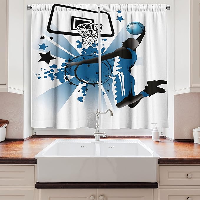 Ambesonne Teen Room Long Kitchen Curtains, Silhouette of Basketball Player Jumping Success Stars Illustration, Two Panels Drapes with Rod Pocket Room Decor, 55" x 45", Blue Charcoal