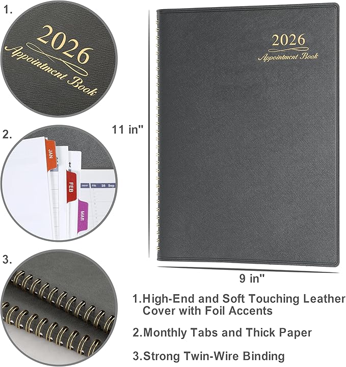 2026 Weekly Appointment Book - Appointment Book 2026, Jan 2026 - Dec 2026, Daily/Hourly Planner with Tabs, 15 Minutes, 8.26"x 11.4", Wirebound - Grey