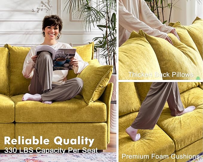 102.6" Modular Sectional Sofa, L Shaped Couch Set for Living Room, 3-Seater Comfy Cloud Couches with Movable Storage Ottoman,DIY Combination - Chenille Yellow