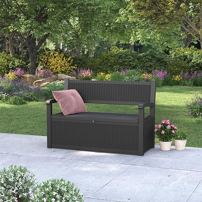 70 Gallon Outdoor Storage Box, Resin Patio Furniture with Armrest, Lockable Deck Box with Waterproof and UV Resistant for Patio Cushions, Garden Tools and Pool Supplies, Black