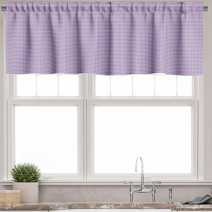 Ambesonne Checkered Valance & Tier Curtain 3 pcs Set, Purple and White Colored Gingham Checks Rows Picnic Theme Vintage Style Print, Window Treatments for Kitchen Room Decor, 55" x 30", Purple White