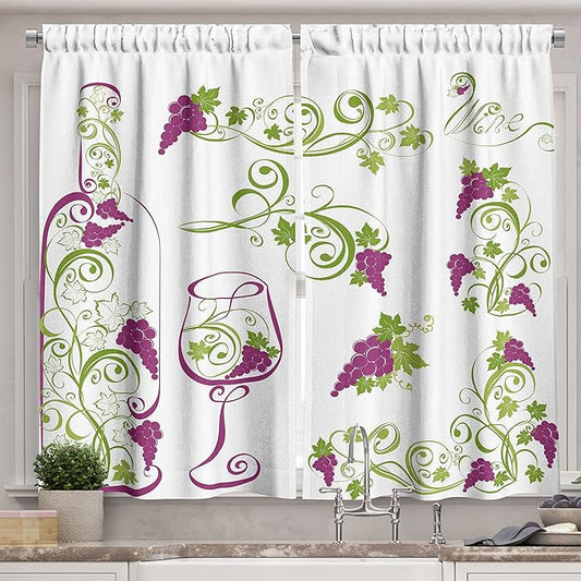 Ambesonne Wine Long Kitchen Curtains, Wine Bottle and Glass Grapevines Lettering with Swirled Branches Lines, Two Panels Drapes with Rod Pocket Room Decor, 55" x 45", Lime Green