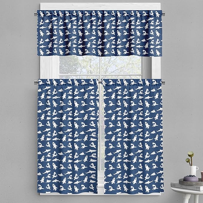 Ambesonne Shark Valance & Tier Curtain 3 pcs Set, Fish Pattern Various Gestures Have a Bite Danger Humor Nautical Design, Window Treatments for Kitchen Room Decor, 55" x 45", Blue Violet