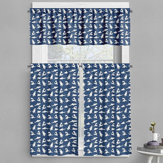 Ambesonne Shark Valance & Tier Curtain 3 pcs Set, Fish Pattern Various Gestures Have a Bite Danger Humor Nautical Design, Window Treatments for Kitchen Room Decor, 55" x 36", Blue Violet