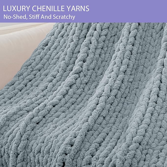 Bigacogo Chunky Knit Throw Blanket for Couch, 51x63 inches, 100% Hand Knitted with Thick Jumbo Chenille Yarn, Cozy Soft Large Rope Knot Cable Crochet Blankets for Sofa Bed Living Room, Dusty Blue