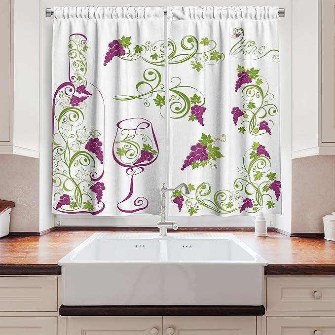 Ambesonne Wine Kitchen Curtains, Wine Bottle and Glass Grapevines Lettering with Swirled Branches Lines, Window Drapes 2 Panel Set for Kitchen Cafe Decor, 55" x 39", Lime Green