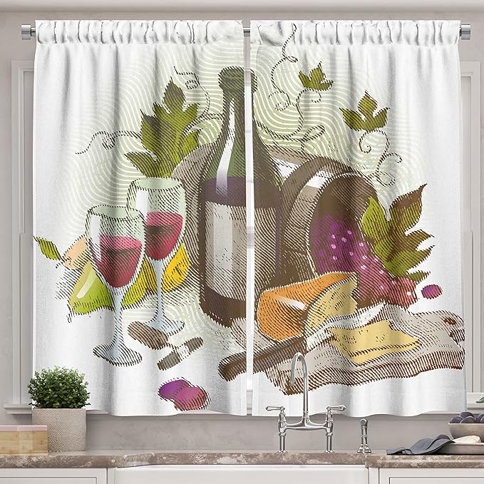 Ambesonne Wine Long Kitchen Curtains, Vintage Style Composition with Wine and Cheese Fruits Gourmet Taste Beverage and Food, Two Panels Drapes with Rod Pocket Room Decor, 55" x 45", Multicolor