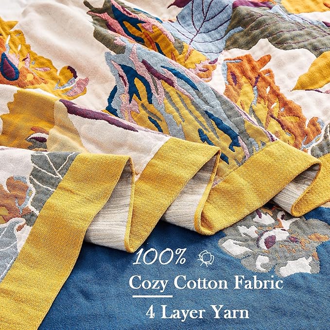 Boho Throw Blanket, 100% Cotton Ultra Soft Luxury Throw Rustic Quilt, 50"x60" Floral Bird Butterfly Farmhouse Decor Bed Blankets, All Season Rustic Reversible Bohemian Throw for Bed - Yellow