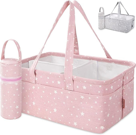 Baby Diaper Caddy Organizer - Baby Shower Basket | Large Nursery Storage Bin for Changing Table | Car Travel Tote Bag | Newborn Registry Must Have | Bonus Bottle Cooler | Pink