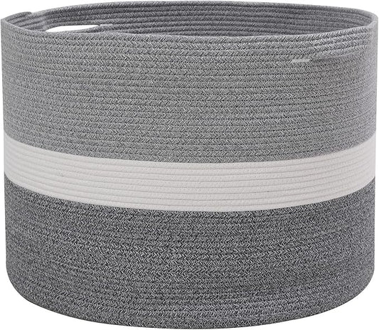 24" x 24" x 17" Mega Size Extra Large Storage Basket, Cotton Rope Storage Baskets, Woven Hamper, Cloth Storage Bin, for Clothes Blanket, Dual Grey