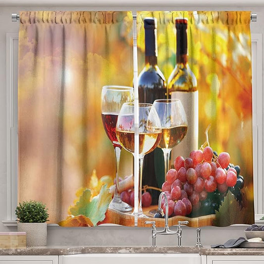 Ambesonne Wine Kitchen Curtains, Tasty Wine on Wooden Cask on Grape Plantation Countryside Harvest Rural Growth, Window Drapes 2 Panel Set for Kitchen Cafe Decor, 55" x 39", Orange Red