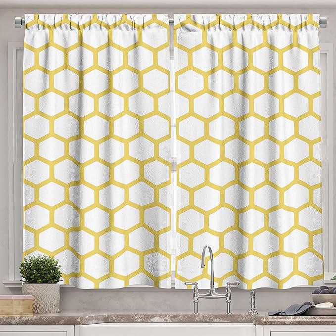 Ambesonne Yellow and White Long Kitchen Curtains, Hexagonal Pattern Honeycomb Beehive Simplistic Geometrical Monochrome, Two Panels Drapes with Rod Pocket Room Decor, 55" x 45", White Yellow