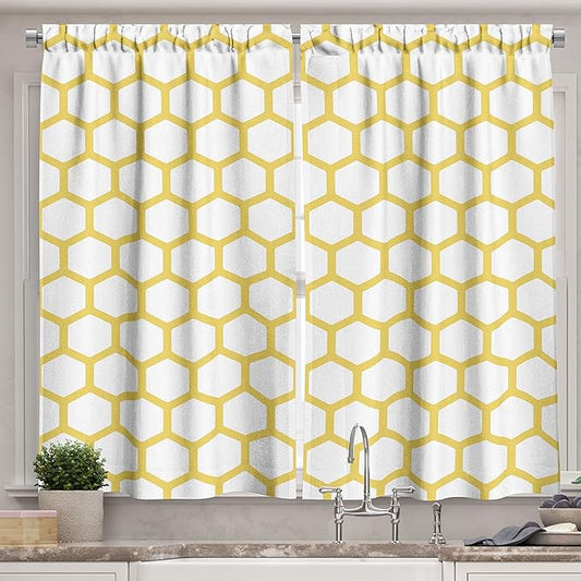 Ambesonne Yellow and White Long Kitchen Curtains, Hexagonal Pattern Honeycomb Beehive Simplistic Geometrical Monochrome, Two Panels Drapes with Rod Pocket Room Decor, 55" x 45", White Yellow