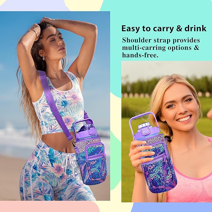 64 oz Water Bottle with Straw Sleeve & Strap Motivational Half Gallon Water Jug with Handle for Gym Women Men Aesthetic Water Bottle with Strap Leopard