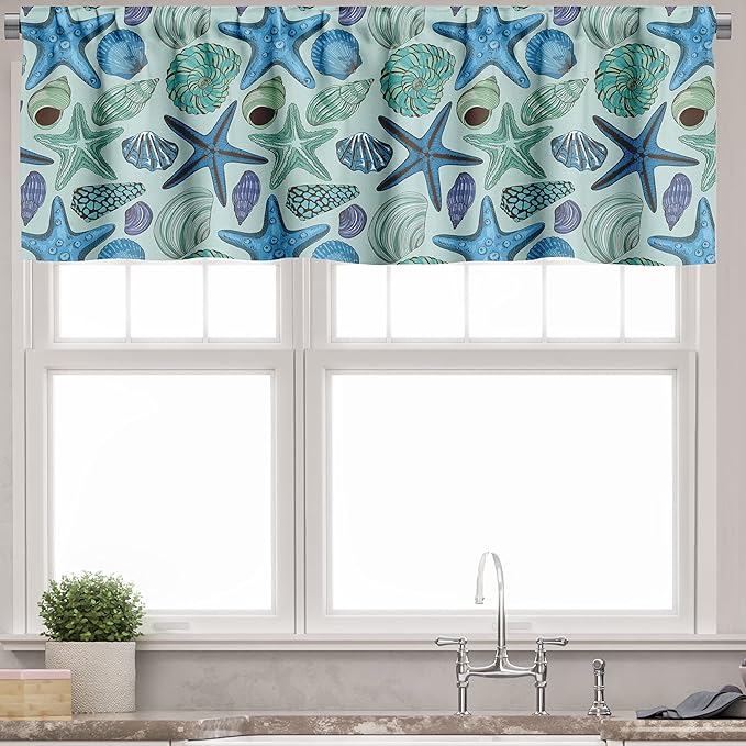Ambesonne Starfish Valance & Tier Curtain 3 pcs Set, Aquarium Inspired Composition Tropical Seashells and Scallops Cockles and Clams, Window Treatments for Kitchen Room Decor, 55" x 30", Blue Seafoam